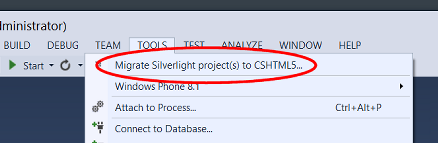 The migration wizard can be launched from the Tools menu of Visual Studio.
