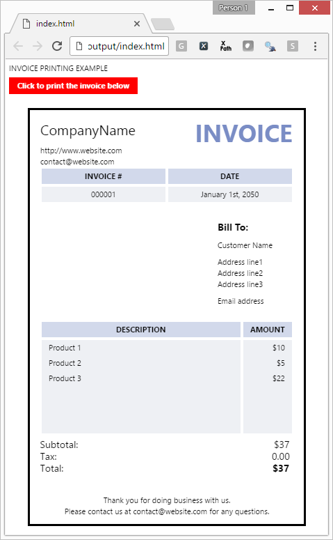 Screenshot of the Printing Invoice demo