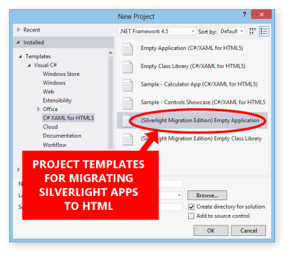 Screenshot of Silverlight Migration Edition project templates