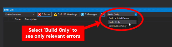Select 'Build Only' to see only relevant errors